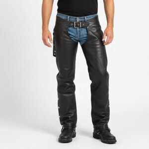 Interstate Leather Men's Black 100% Leather Black Motorcycle Riding Chaps XL